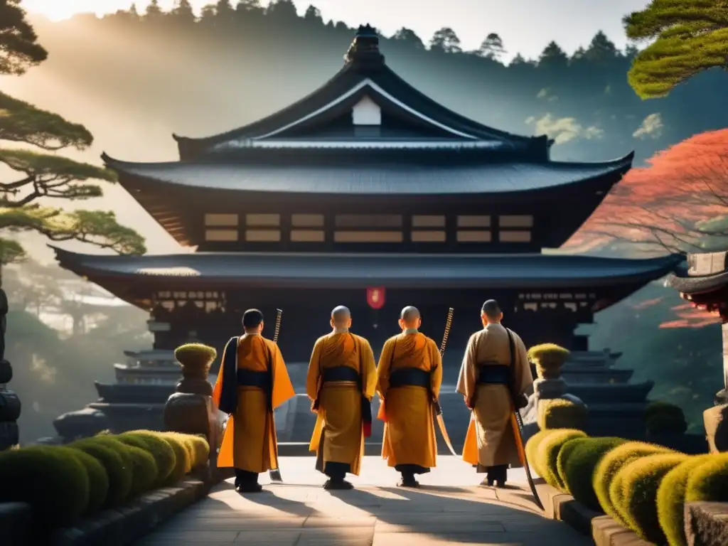 Un grupo de monjes guerreros samuráis de Japón se paran frente a un antiguo templo, con katanas relucientes
