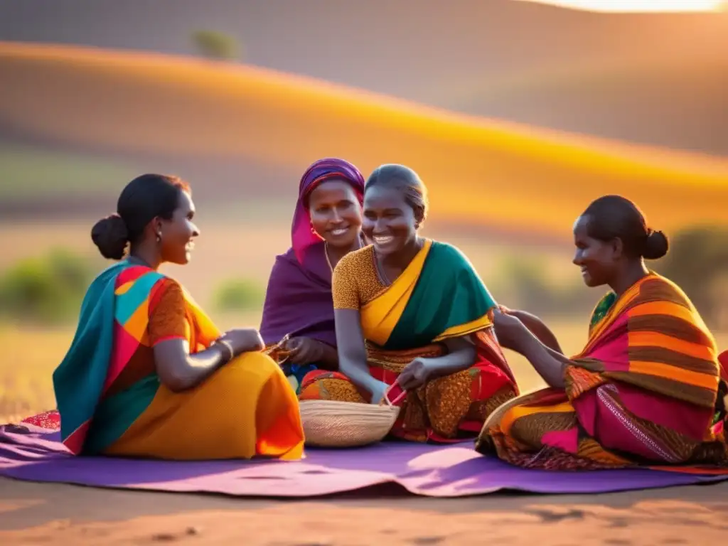 Un grupo de mujeres en una aldea rural cosiendo ropa tradicional con telas coloridas, bajo la cálida luz del atardecer