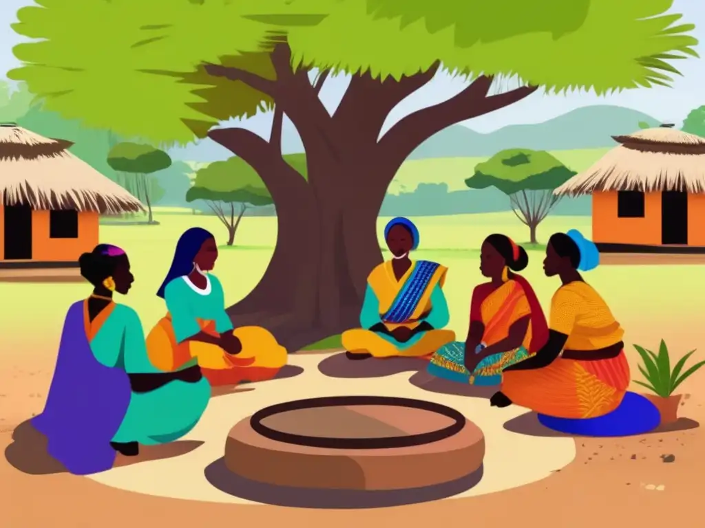 Un grupo de mujeres en una aldea rural, reunidas bajo un árbol, participan en una animada discusión con Jessica Jackley