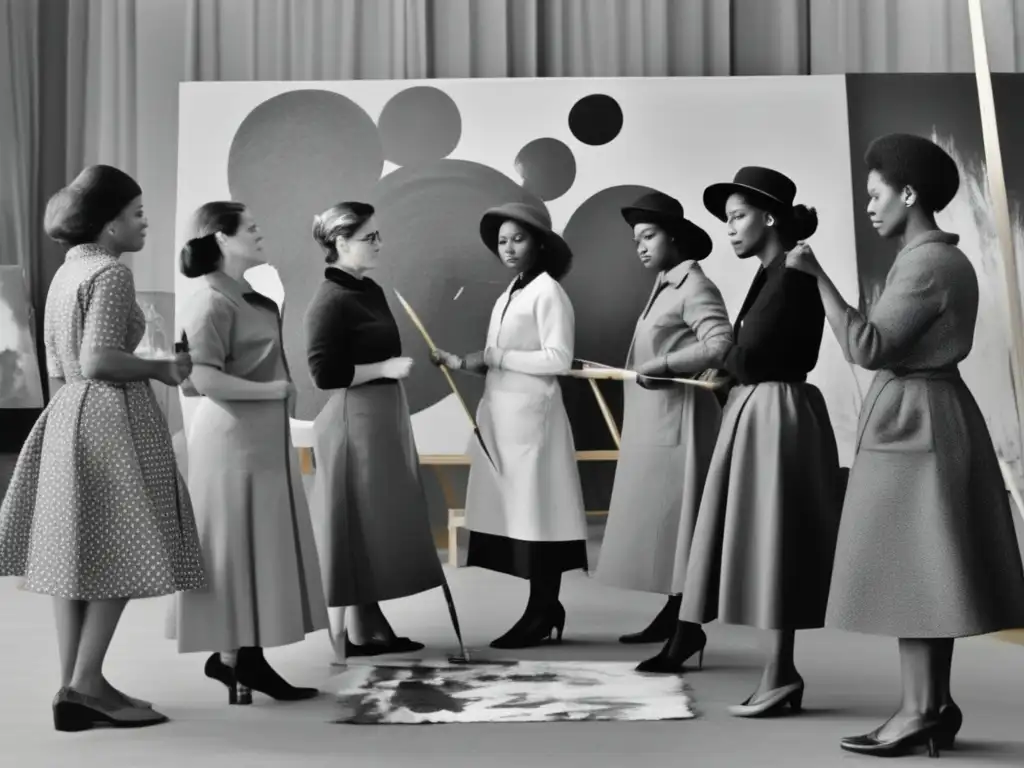 Un grupo de mujeres artistas trabajan juntas en un lienzo, vistiendo ropa de los años 60