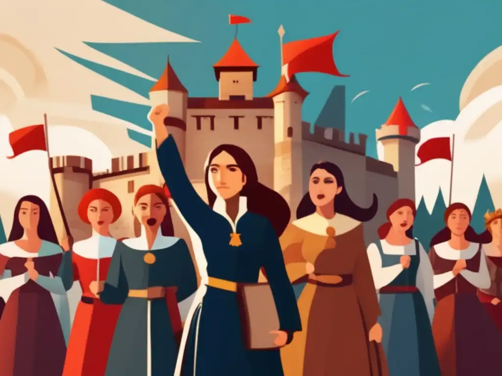 Un grupo de mujeres en atuendos medievales levantan los puños frente a un castillo, simbolizando su liderazgo en movimientos sociales históricos
