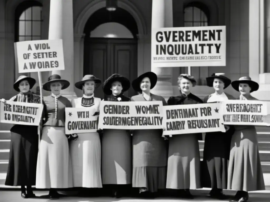 Un grupo de mujeres desafiantes, vestidas al estilo sufragista, protesta por la desigualdad de género frente a un edificio gubernamental