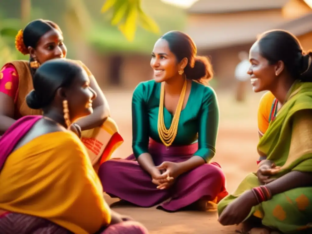 Un grupo de mujeres diversas en una aldea, vistiendo trajes tradicionales, se reúnen en círculo bajo la cálida luz del sol para discutir