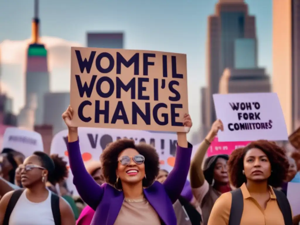 Un grupo de mujeres diversas marcha en protesta, empoderadas y determinadas, sosteniendo pancartas con consignas feministas