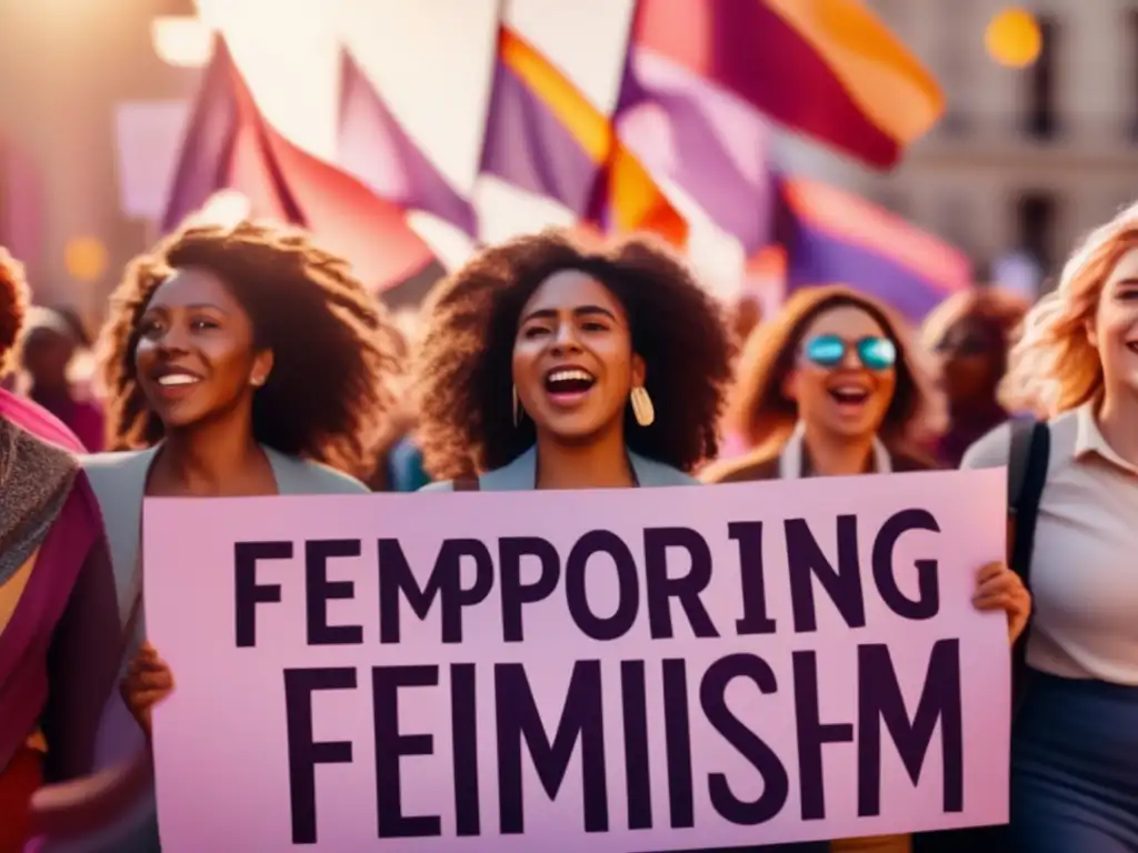 Un grupo de mujeres diversas marcha unido en protesta, sosteniendo pancartas con mensajes poderosos sobre el feminismo y los derechos de la mujer