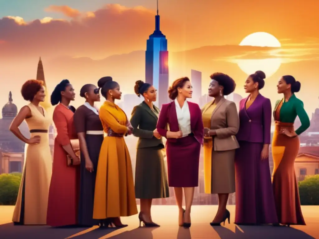 Un grupo de mujeres diversas, seguras y determinadas, posan frente a un monumento histórico en una ciudad vibrante, representando el impacto global del liderazgo femenino a lo largo de la historia