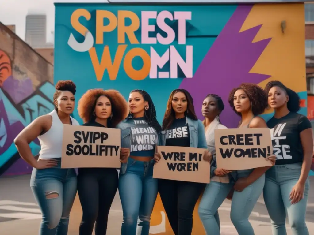 Un grupo de mujeres diversas se unen en solidaridad, sosteniendo pancartas con mensajes poderosos de apoyo a las mujeres marginadas