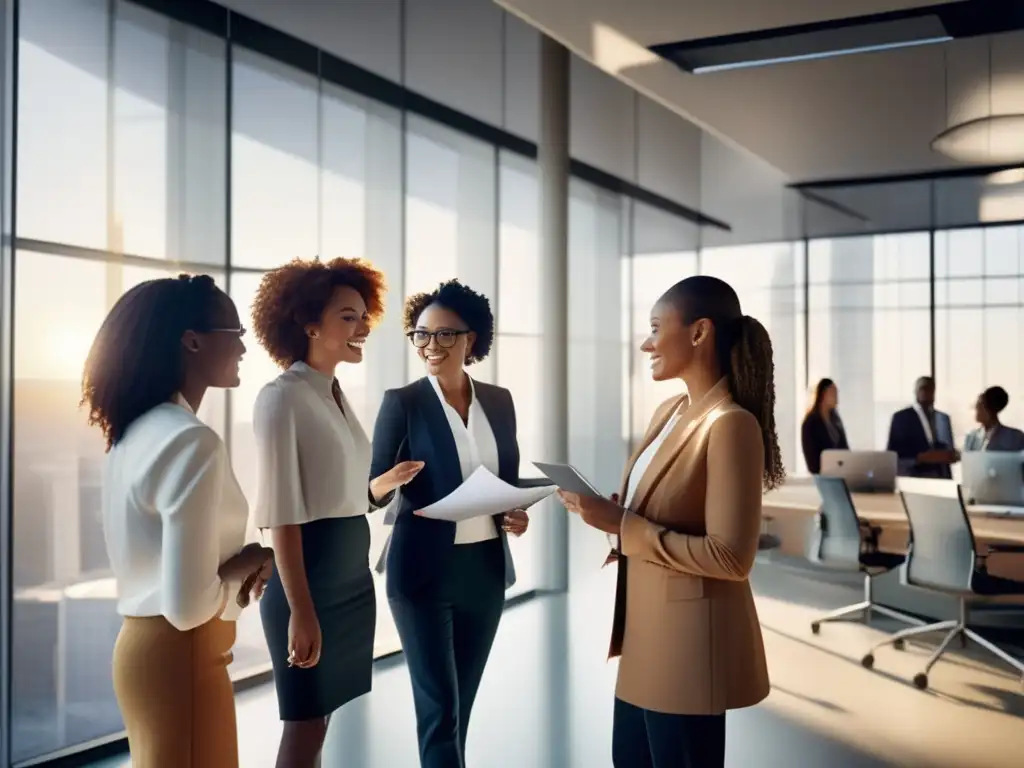 Un grupo de mujeres diversas, vestidas de manera profesional, colaborando y discutiendo ideas innovadoras en una oficina moderna con grandes ventanas