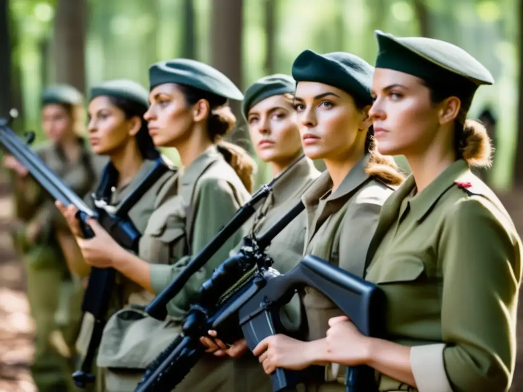 Un grupo de mujeres francesas en uniforme de camuflaje y boinas, de pie en un claro del bosque con expresiones decididas