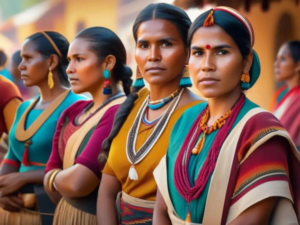 Un grupo de mujeres heroínas de la era colonial en un bullicioso mercado, vendiendo productos y tejiendo con determinación