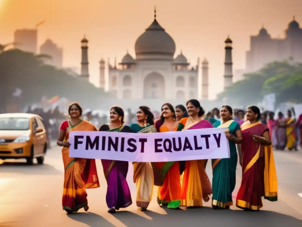 Un grupo de mujeres indias en sarees coloridos marcha por la bulliciosa ciudad, portando pancartas con consignas feministas