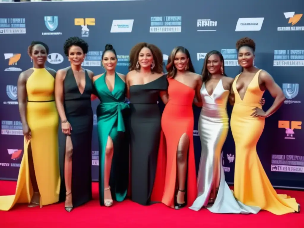 Un grupo de mujeres influyentes en la historia del cine posando juntas en la alfombra roja de un festival, irradiando confianza y empoderamiento