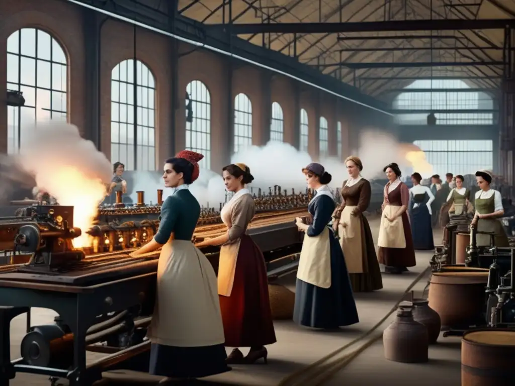Un grupo de mujeres innovadoras en la industria, trabajando juntas en una fábrica textil del siglo XIX, mostrando determinación y empoderamiento