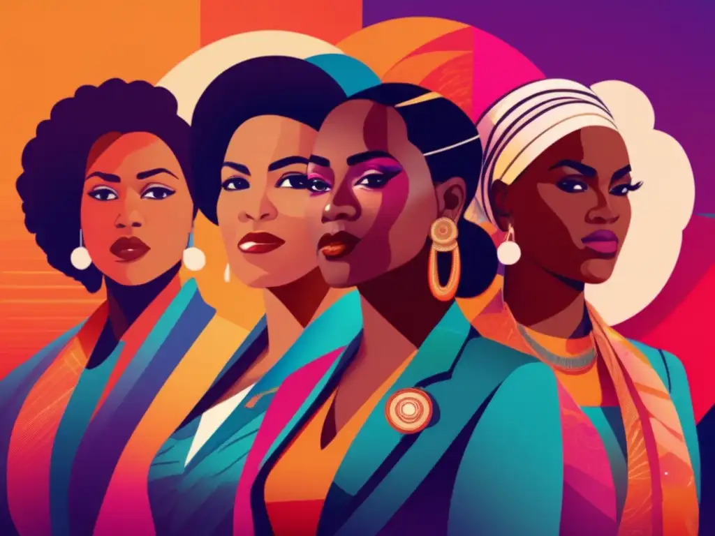 Un grupo de mujeres líderes de movimientos sociales históricos posan con determinación y fuerza en una ilustración digital detallada de estilo moderno