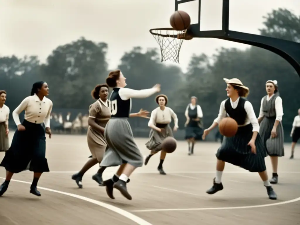 Un grupo de mujeres pioneras juega baloncesto en vestimenta de principios del siglo XX, desafiando las limitaciones sociales