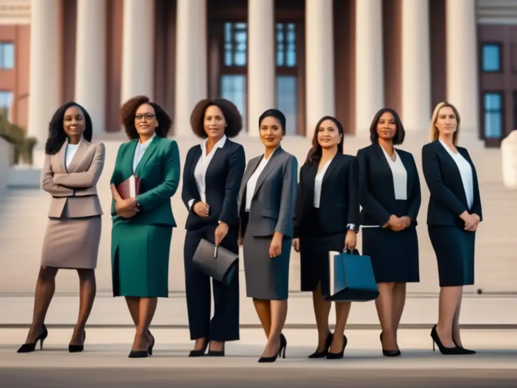 Un grupo de mujeres pioneras en la batalla legal posan frente a un imponente tribunal, proyectando confianza y determinación