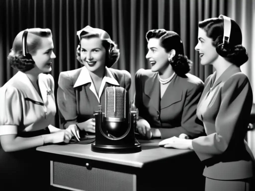 Un grupo de mujeres pioneras en la radio de los años 40, reunidas alrededor de un micrófono vintage en un estudio, exudando confianza y determinación