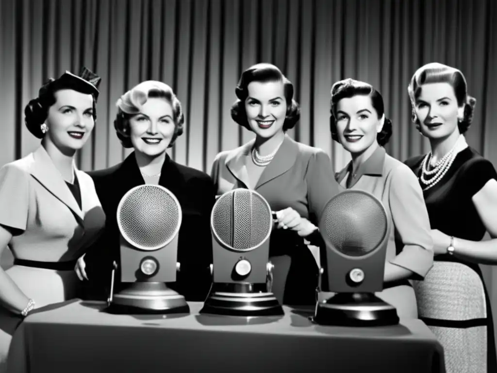 Un grupo de mujeres pioneras en radio y televisión posan con elegancia frente a micrófonos y cámaras vintage, simbolizando su legado en la industria