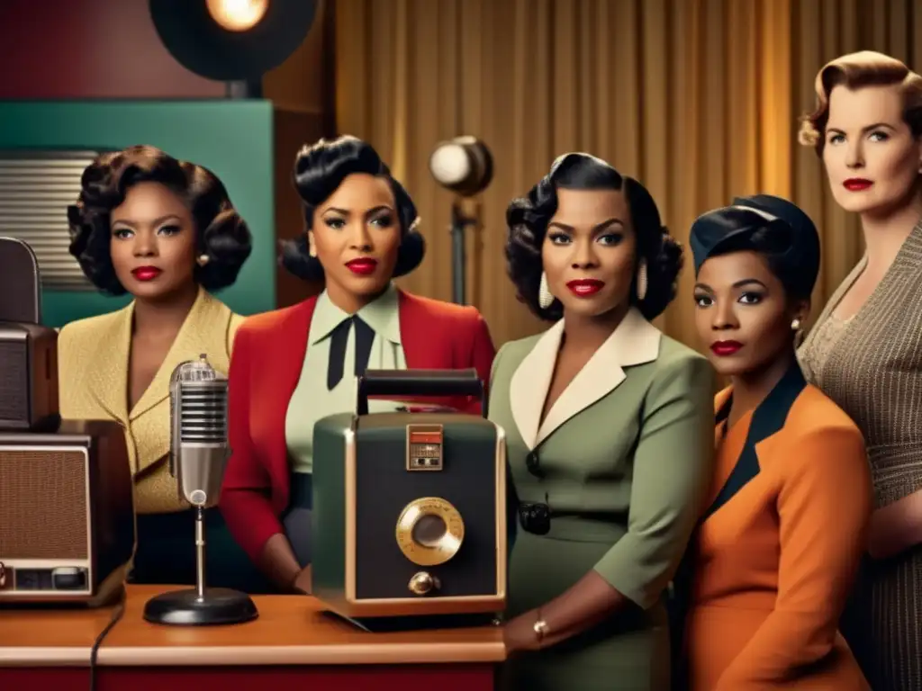 Un grupo de mujeres pioneras en la radio y televisión, desafiando barreras con determinación y orgullo en un estudio vintage
