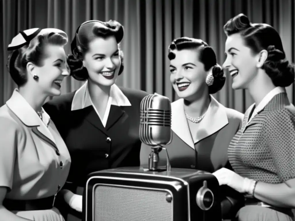 Un grupo de mujeres pioneras en radio televisión posan sonrientes frente a un micrófono vintage