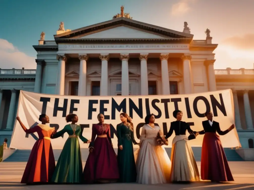 Un grupo de mujeres pioneras, vestidas elegantemente en el siglo XIX, sostienen pancartas con poderosos lemas feministas
