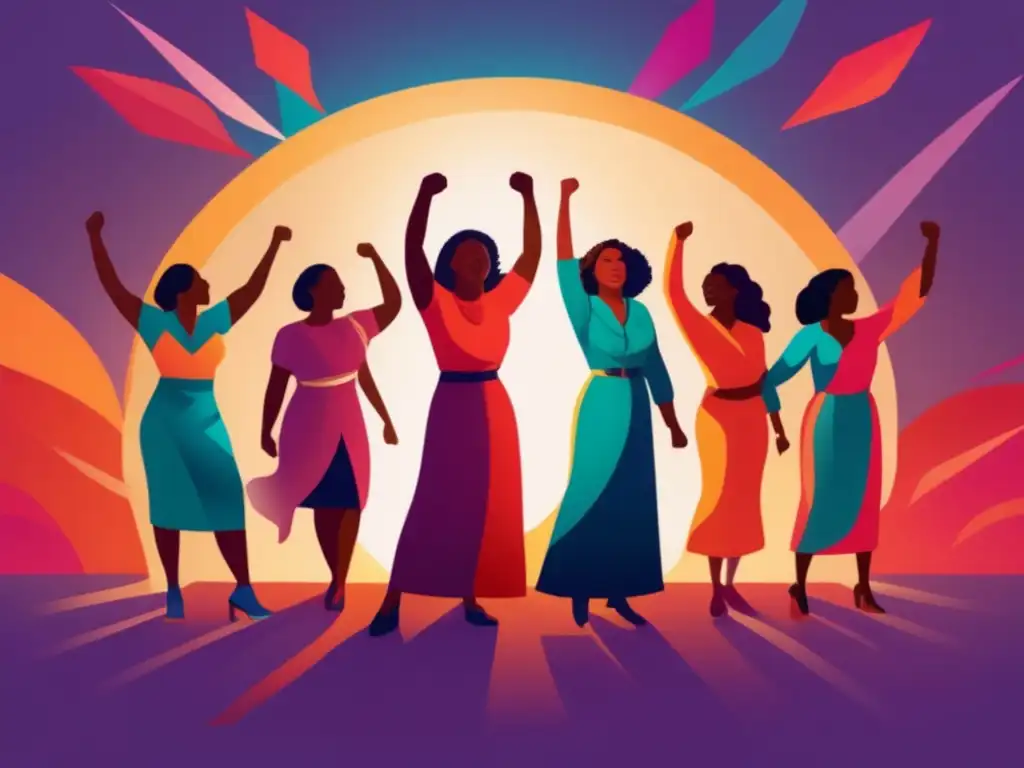 Grupo de mujeres poderosas con puños en alto, rodeadas de luz, representando la influencia histórica de las madres del feminismo moderno