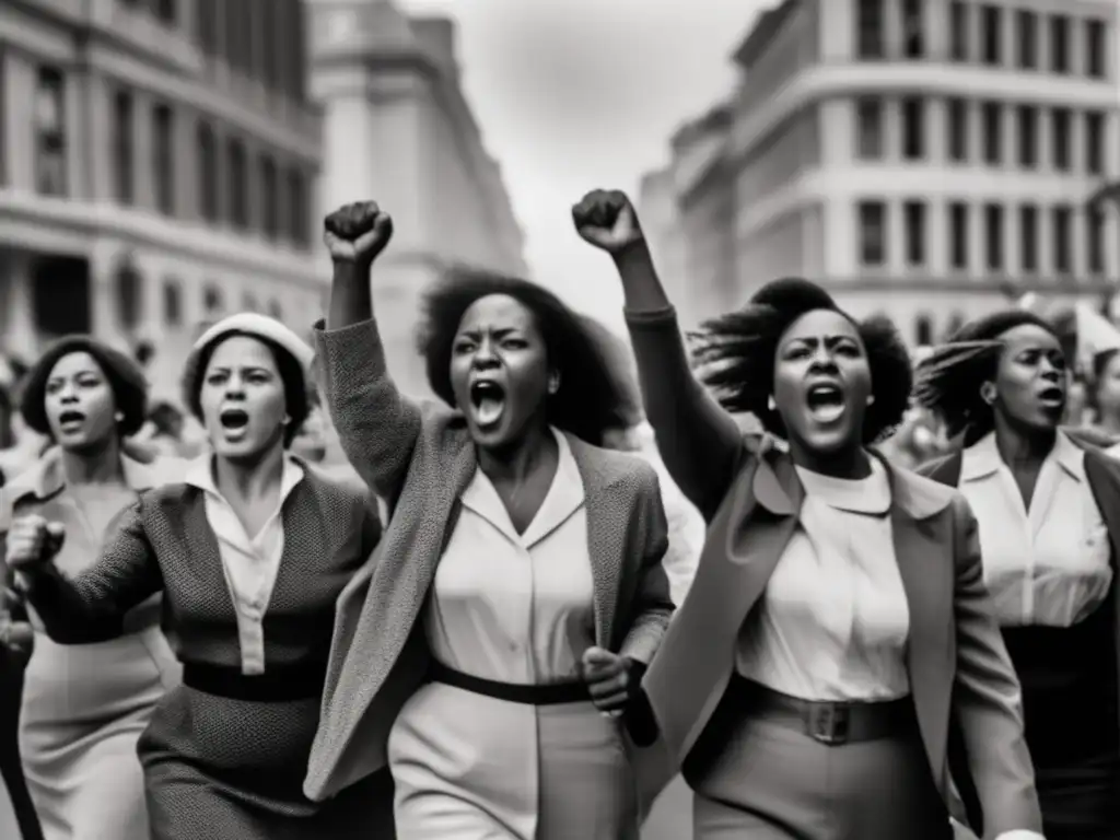 Un grupo de mujeres marcha en protesta, con los puños en alto y miradas de determinación y solidaridad