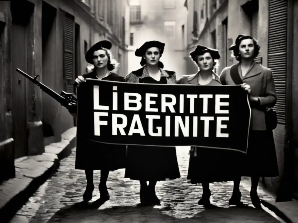 Grupo de mujeres en la Resistencia Francesa, con armas y una pancarta con 'Liberté, égalité, fraternité' en un callejón oscuro