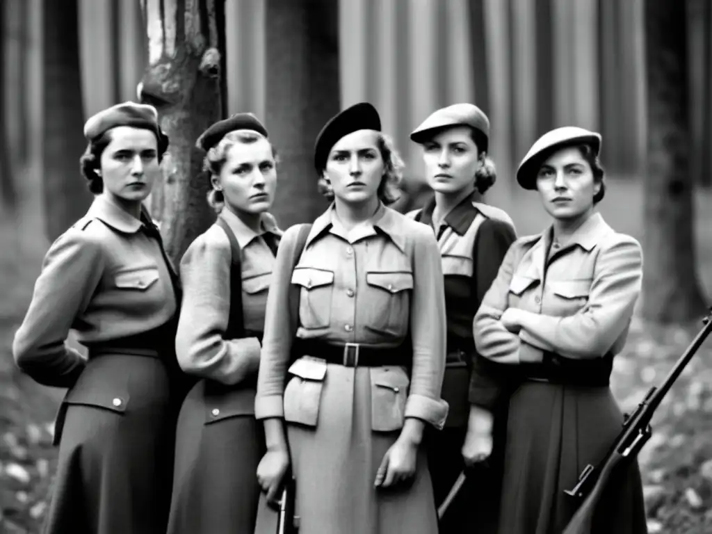 Un grupo de mujeres en la Resistencia Francesa, con uniformes y rifles, muestran determinación en el bosque