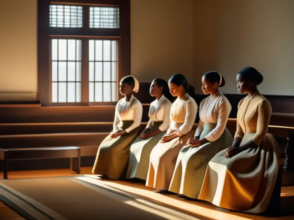 Rezo y canto: Mujeres Shaker en alta resolución Un grupo de mujeres Shaker, incluida la Vida de Madre Ann Lee, orando y cantando en una casa de reuniones iluminada por el sol
