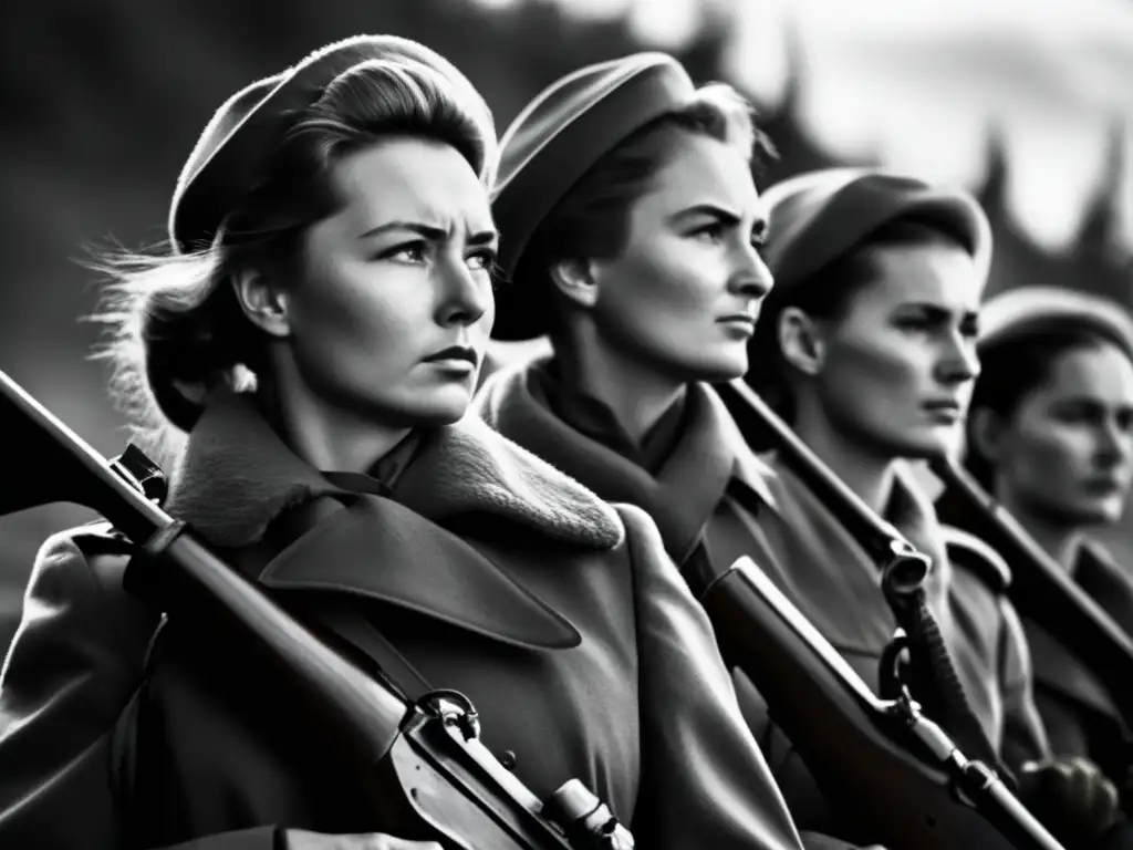 Un grupo de mujeres snipers soviéticas se preparan para una misión en la Segunda Guerra Mundial, mostrando fuerza y determinación