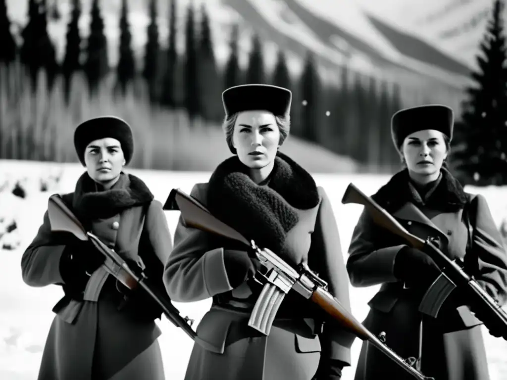 Un grupo de mujeres snipers soviéticas en uniforme, firmes en la nieve con rifles