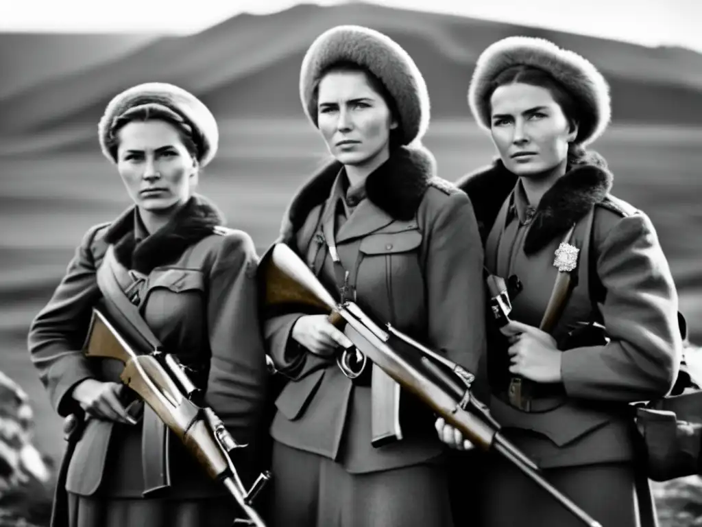 Un grupo de mujeres snipers soviéticas en uniforme, orgullosas y decididas, con rifles al hombro