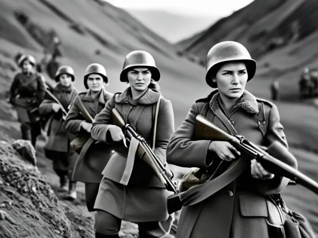 Un grupo de mujeres snipers soviéticas en uniforme, firmes y decididas, listas para el frente