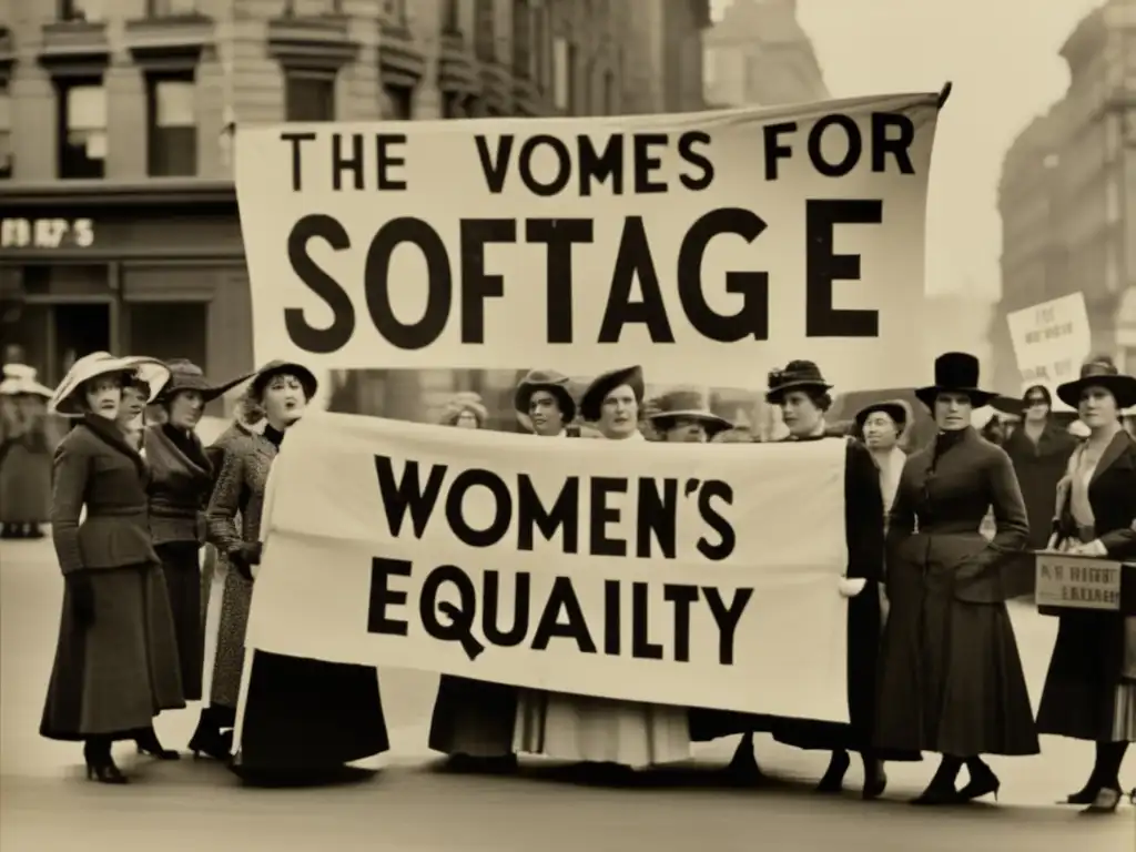 Un grupo de mujeres vestidas con ropa del siglo XX, sosteniendo carteles por los derechos de la mujer frente a una pancarta por el sufragio