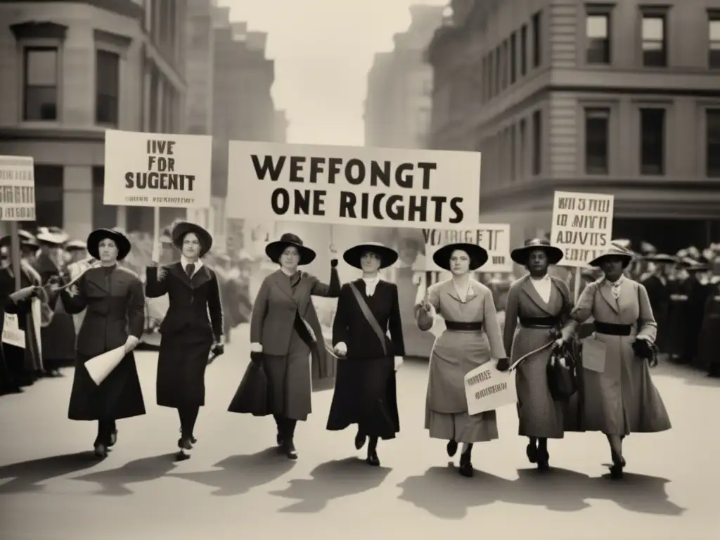 Un grupo de mujeres vestidas como sufragistas marchan con pancartas en las calles de una ciudad