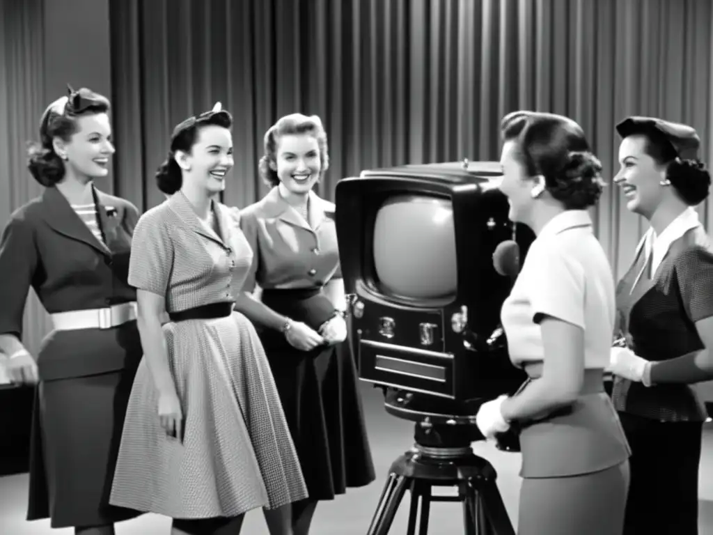 Un grupo de mujeres vestidas con trajes de los años 50 se preparan para salir al aire en un estudio de televisión
