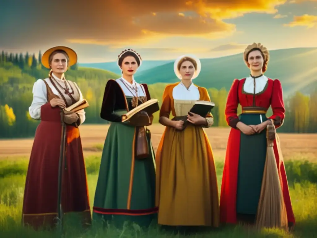 Acerca de las mujeres pioneras rusas: Educación, Agricultura, Activismo- Un grupo de mujeres vestidas con trajes rusos del siglo XX, destacadas en la historia rusa, posan con herramientas y libros en el campo