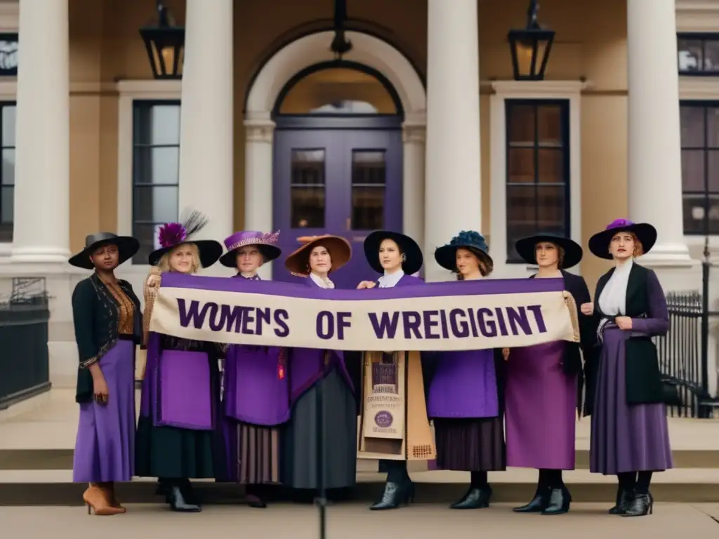 Un grupo de mujeres vestidas con trajes de sufragistas de la época, listas para marchar, reflejando determinación y unidad