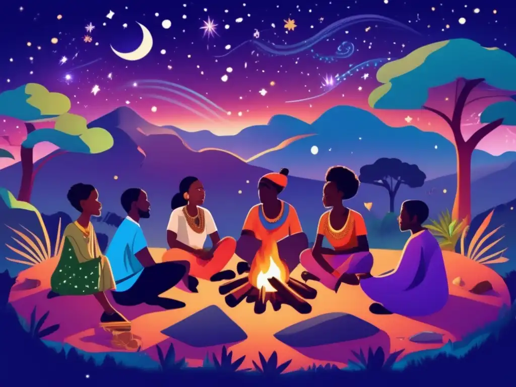 Un grupo de narradores africanos se reúne alrededor de una fogata, compartiendo leyendas animistas de África Occidental bajo un cielo estrellado