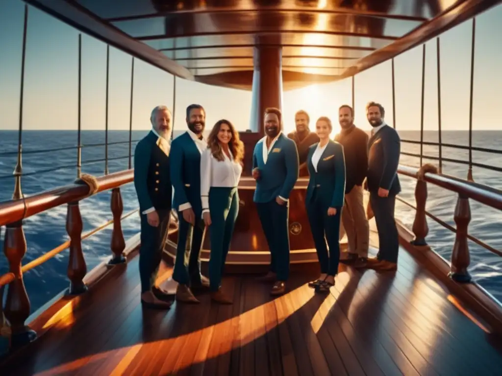 Un grupo de navegantes famosos que expandieron horizontes se prepara para zarpar en un barco majestuoso, reflejando determinación y valentía