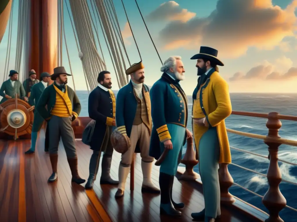 Un grupo de navegantes famosos que expandieron horizontes, se paran en la cubierta de un barco histórico, con el vasto océano extendiéndose detrás de ellos