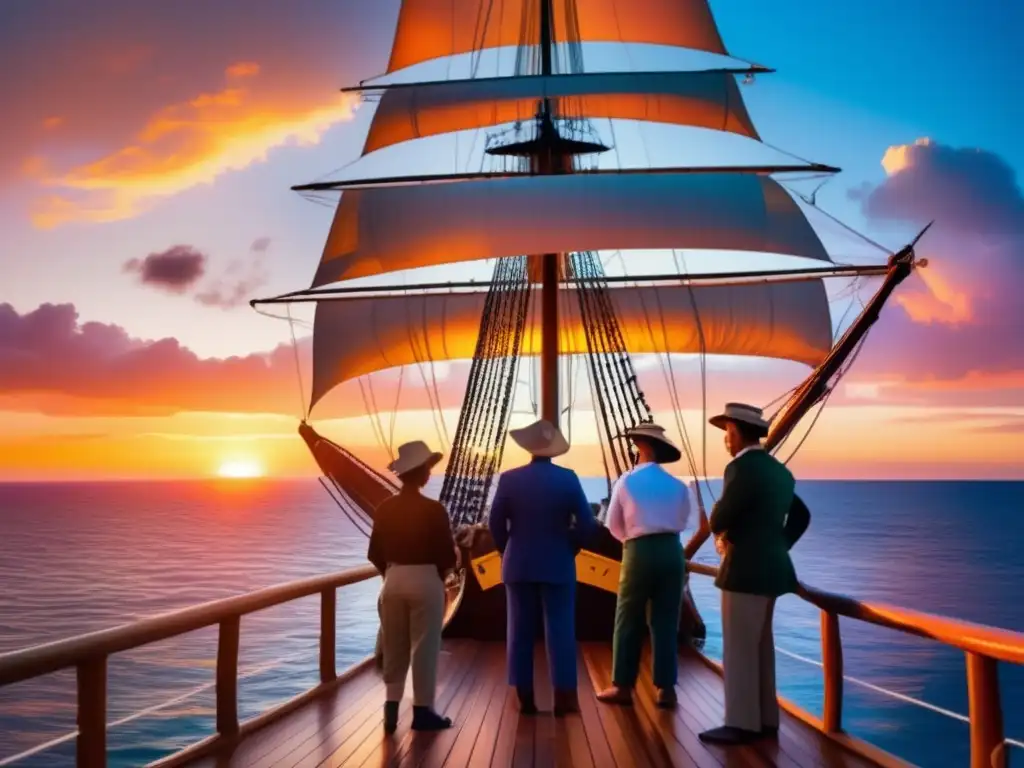 Un grupo de navegantes famosos que expandieron horizontes, contemplando un impresionante atardecer sobre el océano