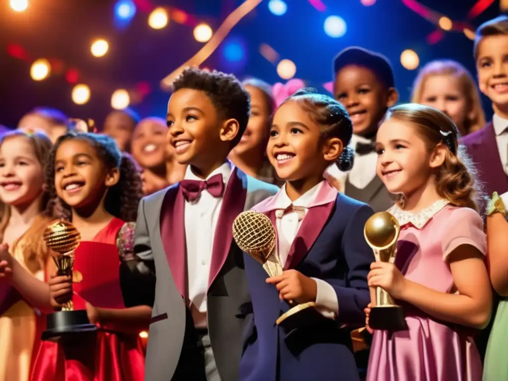 Un grupo de niños actores en el escenario, sonrientes y orgullosos, sosteniendo premios, mientras el público aplaude