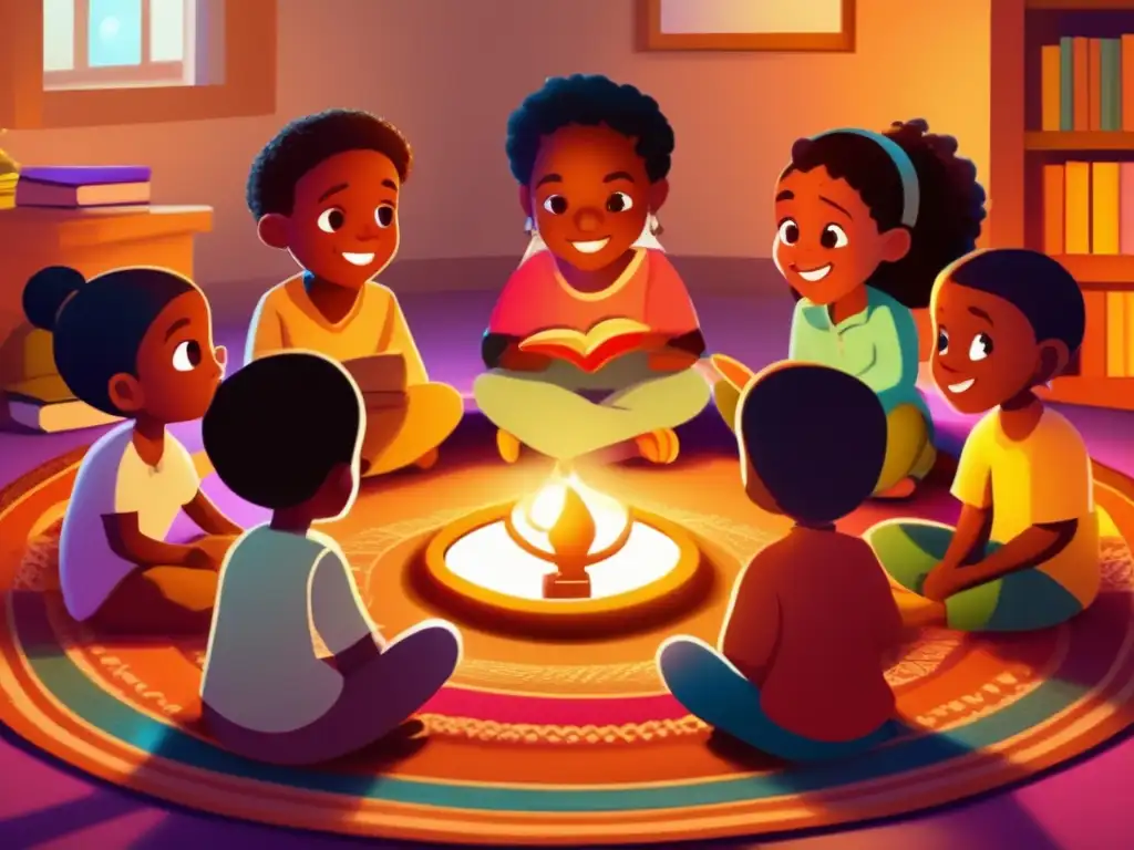Un grupo de niños diversos escucha atentamente a un narrador con expresiones animadas mientras cuentan una historia