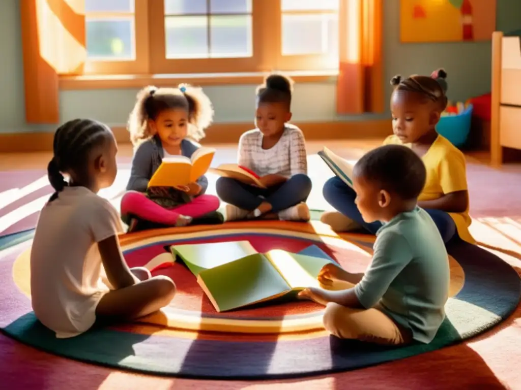 Un grupo de niños prodigio escucha atentamente a su maestra mientras lee un cuento en una colorida aula llena de libros y juguetes educativos