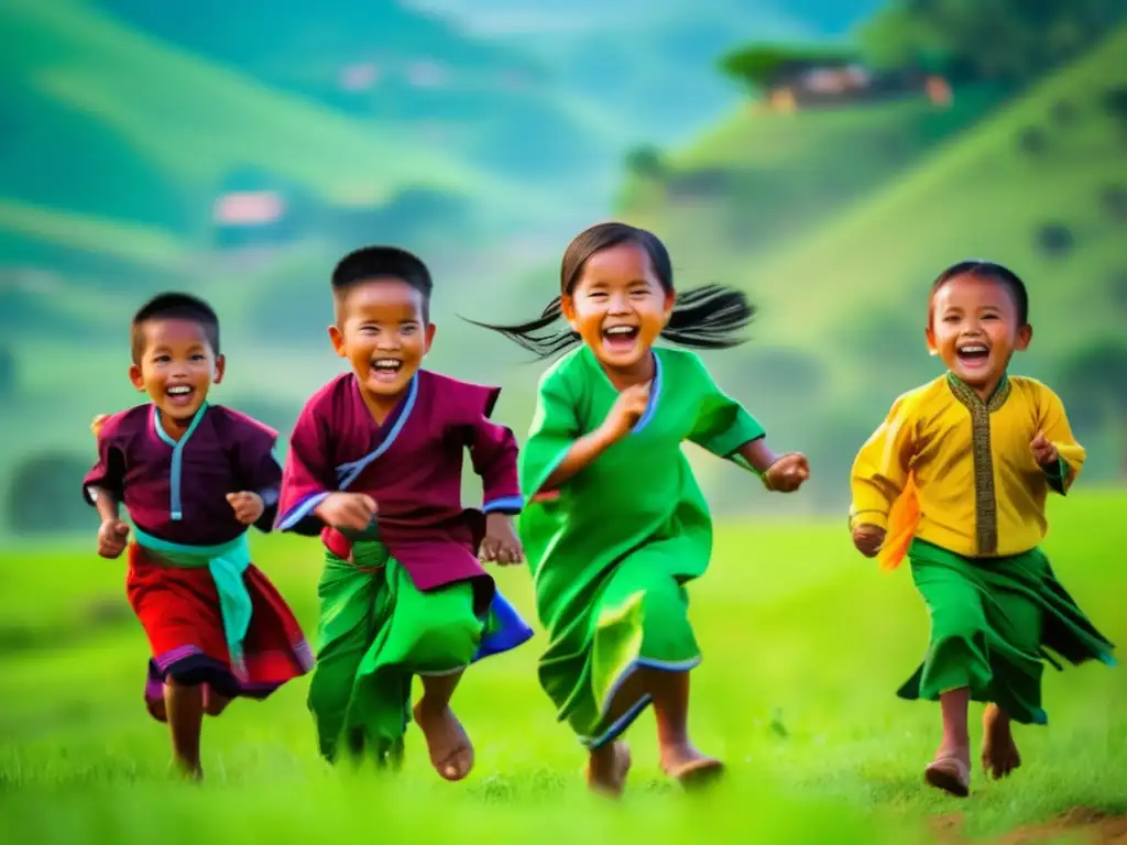 Un grupo de niños con trajes tradicionales de Myanmar juegan felices en un campo verde, rodeados de montañas y una aldea tranquila