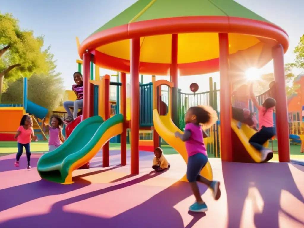 Un grupo de niños juega en un vibrante y colorido patio, supervisados por un sonriente maestro