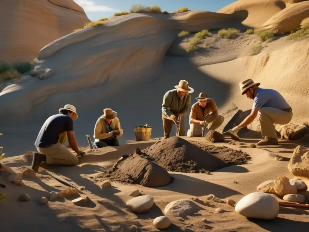 Un grupo de paleontólogos descubre fósiles de dinosaurios en una roca, con el sol creando sombras dramáticas