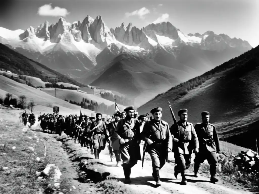 Un grupo de partisanos yugoslavos liderados por Tito marchan con determinación en las montañas nevadas, simbolizando la resistencia y liderazgo durante la Segunda Guerra Mundial